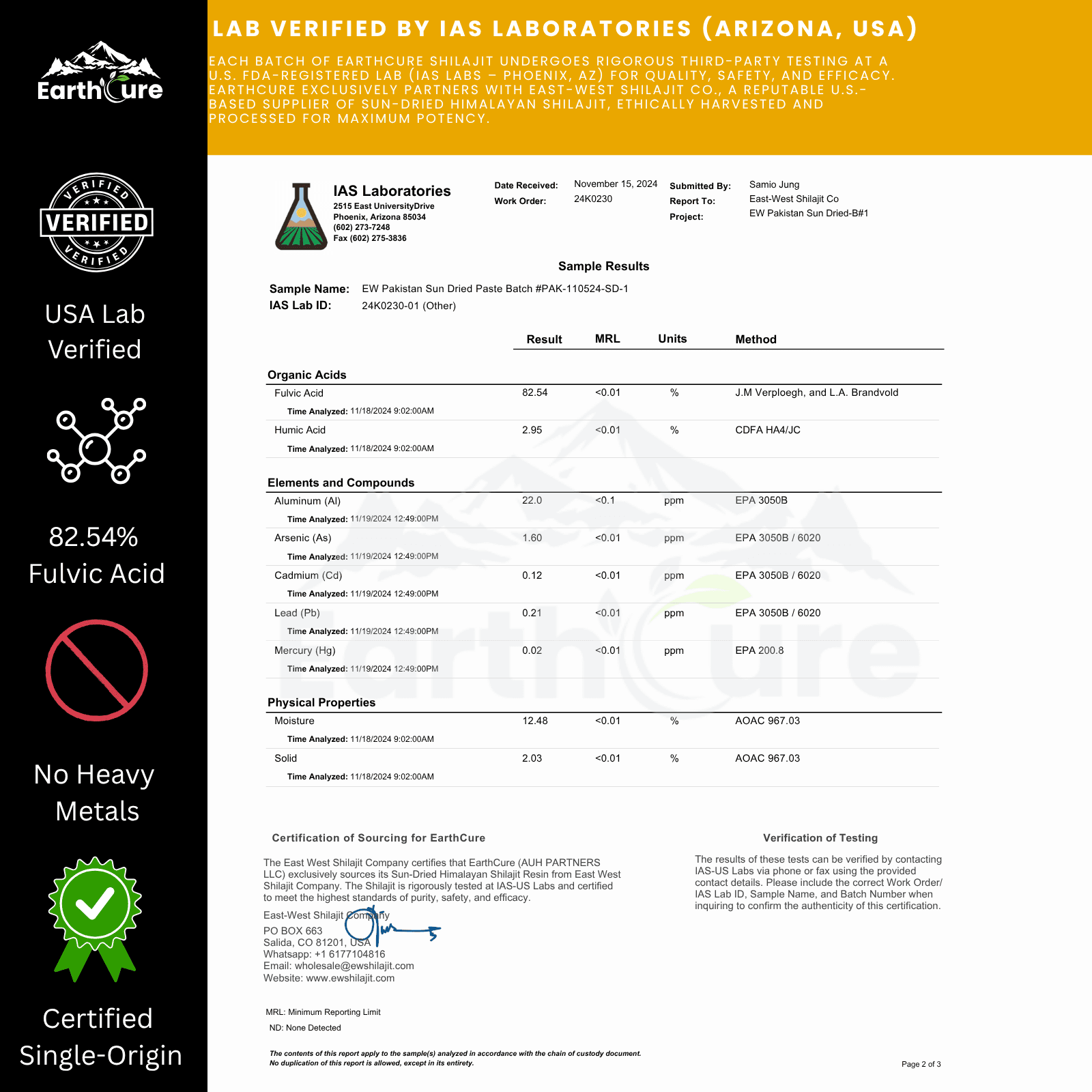 EARTHCURE™ Shilajit Lab Report Certificate